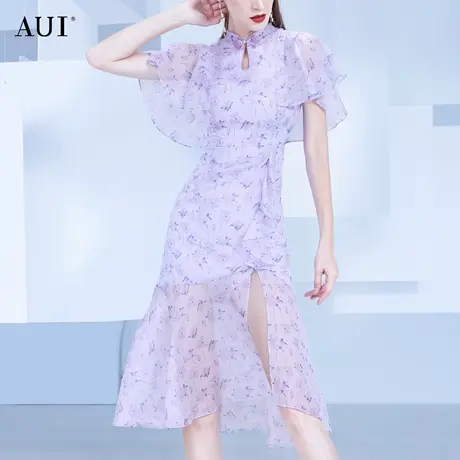 AUI紫色碎花旗袍改良连衣裙2022女夏季新款气质不规则雪纺鱼尾裙图片