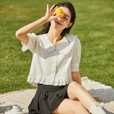 唐狮2023夏季新款短袖衬衫女白色娃娃领泡泡袖衬衣甜美韩系上衣商品大图
