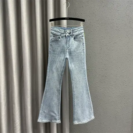 韩版微喇裤女2024春季新款浅蓝色重工烫钻设计感休闲百搭牛仔长裤图片