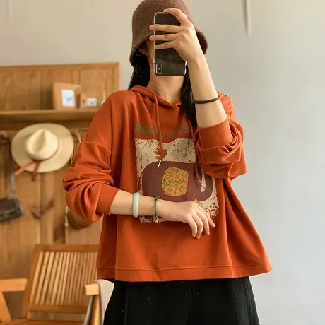 dza复古纯棉连帽大象T恤女2024春新款宽松上衣休闲百搭短款打底衫图片