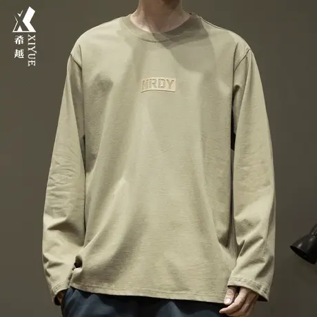 希越美式长袖T恤男2024春季新款宽松大码男士打底衫260g圆领卫衣商品大图