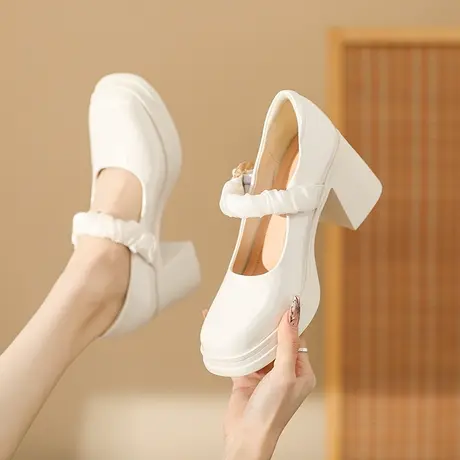 厚底防水台玛丽珍高跟鞋女2024新款方头粗跟一字扣法式单鞋配裙子商品大图