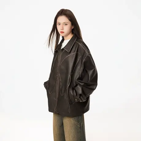 潮牌复古擦色美拉德皮衣外套女春秋新款情侣PU皮夹克蝴蝶宽松上衣商品大图