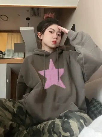 美式复古连帽卫衣女秋冬宽松oversize潮牌外套港味chic春秋薄款图片