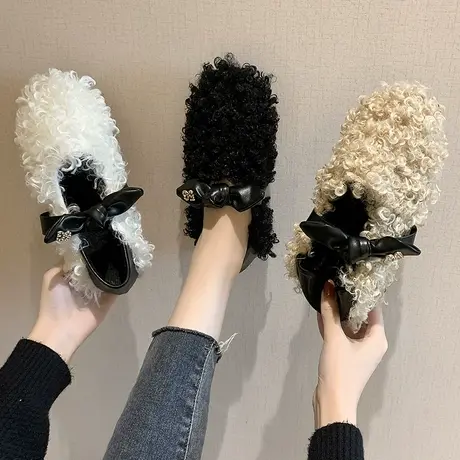 毛毛鞋女冬保暖圆卷毛毛休闲单鞋2020新款蝴蝶结平底一脚蹬懒人鞋图片