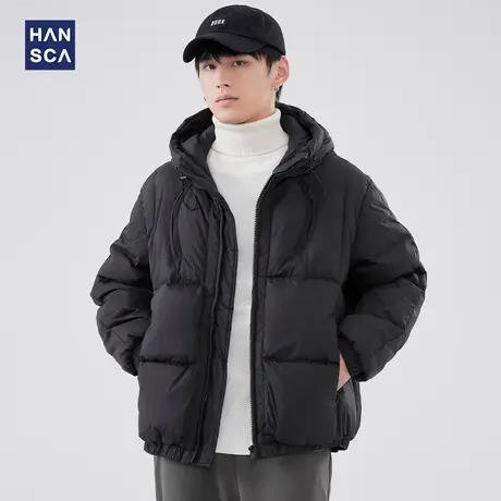 hansca羽绒服男冬季轻薄款拼接加厚保暖短款白鸭绒连帽面包服外套图片