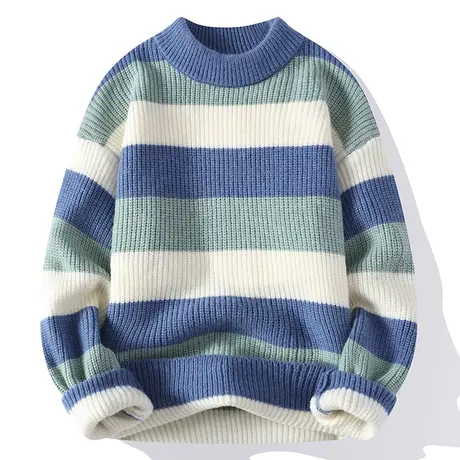 半高领毛衣男士条纹简约百搭针织衫冬季加厚韩版潮流毛线衣服外套商品大图