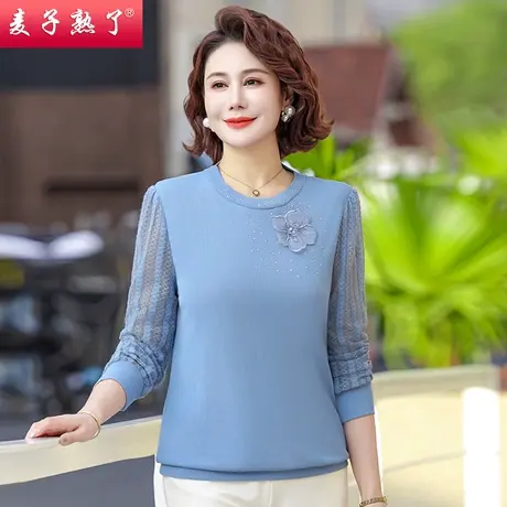 2024春季新款妈妈装针织绣花打底外穿小衫气质中老年人女装秋T恤图片