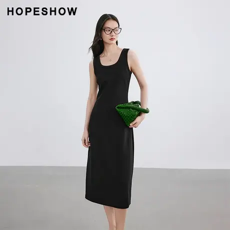红袖U型大圆领背心连衣裙女hopeshow2024春季新款收腰显瘦小黑裙图片