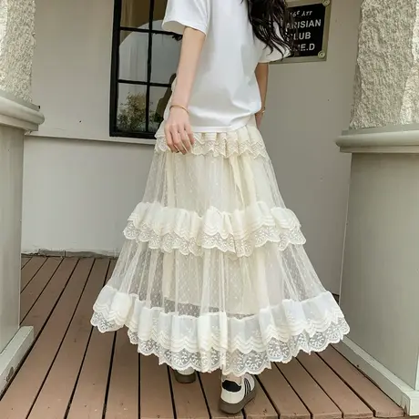2024春夏超仙层叠蕾丝花边拼接半身裙女高腰显瘦甜美网纱蛋糕长裙图片