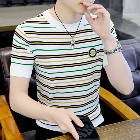 薄款冰丝条纹T恤男夏季潮流冰麻短袖衣服学生韩版圆领半袖体恤衫商品大图