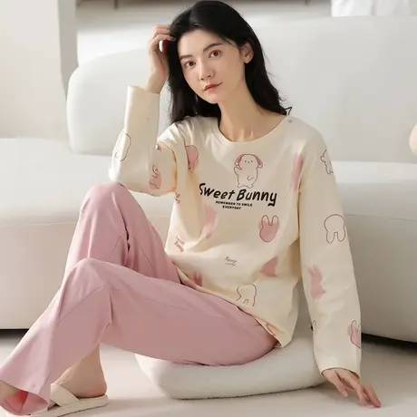南极人纯棉睡衣女春秋季长袖2023年新款带胸垫薄款家居服套装夏天商品大图