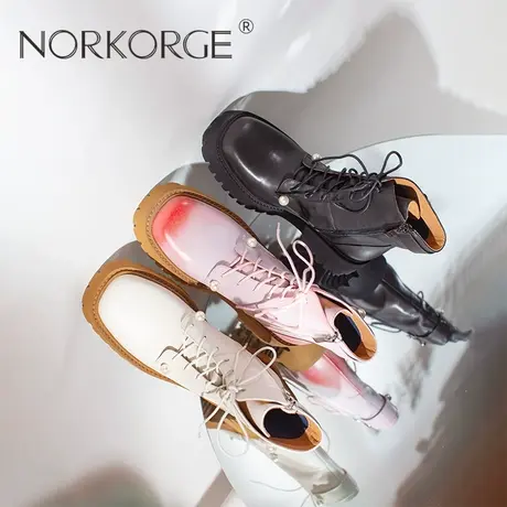 2023新款冬季复古仙女风文艺短筒马丁靴女真皮方头粗跟厚底骑士靴商品大图