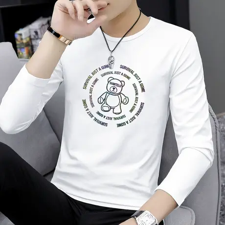 莫代尔小熊t恤男长袖秋季白色上衣服体恤内搭打底衫潮流秋衣小衫商品大图