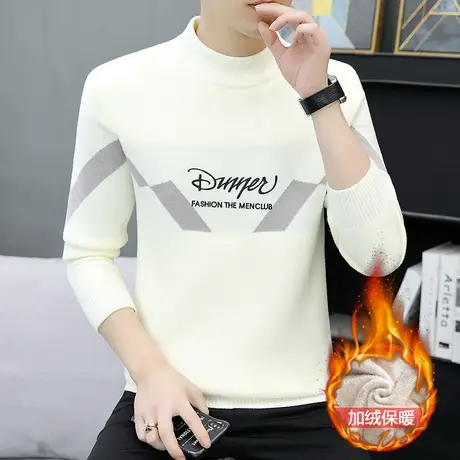 冬季加绒加厚半高领毛衣青年男装潮流保暖针织衫一体绒线衣打底衫商品大图