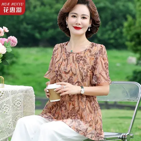 2023新款中年妈妈夏装T恤小衫洋气衣服女中老年人夏季短袖雪纺衫图片