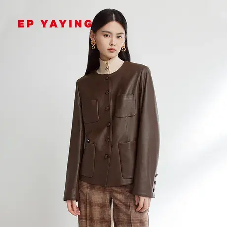 EP雅莹女装 复古哑光小香风绵羊皮革皮衣外套 2023秋冬新款P101A商品大图