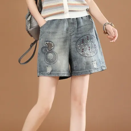 韩潮袭人松紧腰刺绣牛仔短裤热裤女2023夏新款宽松休闲阔腿裤薄款商品大图