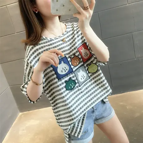 超火cec短袖宽松棉麻条纹t恤女2023夏装新款半袖女装上衣服ins潮图片