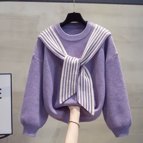 圆领毛衣女套头2023秋装新款宽松慵懒风上衣灯笼袖系带厚针织衫潮商品大图
