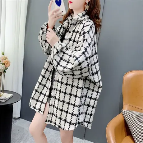 千鸟格子毛呢衬衫外套女秋季2022新款宽松慵懒风复古休闲长袖上衣商品大图