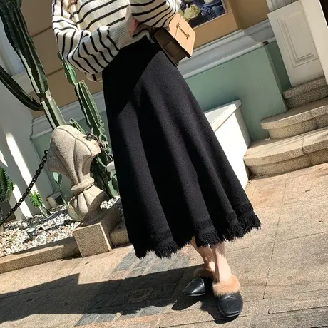 复古休闲针织毛线流苏半身裙秋冬a字中长款裙子女外穿冬天配毛衣图片