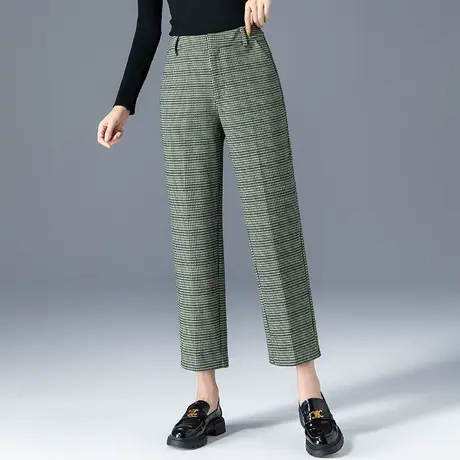 高腰格子西装裤女春秋2023新款小个子九分裤休闲萝卜裤妈妈哈伦裤商品大图