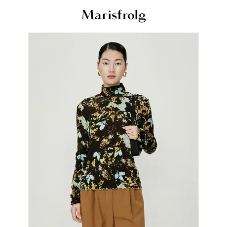 【艺术花稿系列】玛丝菲尔冬季新款雪花莲印花打底羊毛T恤图片