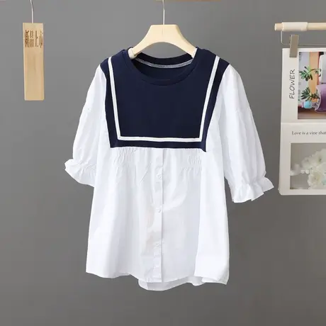 设计感小众上衣女喇叭袖韩版宽松裙摆式衬衫夏季薄款圆领白色衬衣商品大图