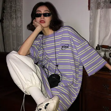 原宿风短袖t恤女夏装2021新款宽松韩版设计感小众条纹上衣服ins潮商品大图