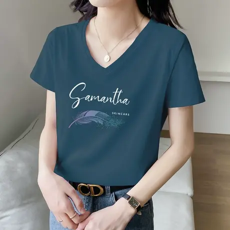 正肩短袖t恤女V领上衣2022新款夏季设计感小众纯棉体恤ins潮百搭图片