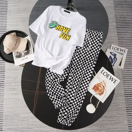 纯棉运动服套装跑步女夏季薄款时尚洋气短袖长裤小个子休闲两件套商品大图