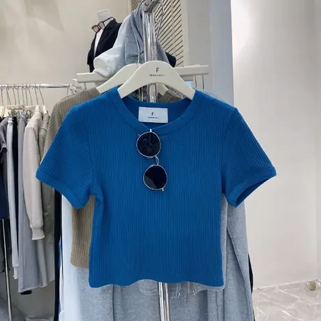 F针织衫t恤女韩国东大门春季新款修身短款纯色简约圆领短袖上衣女商品大图