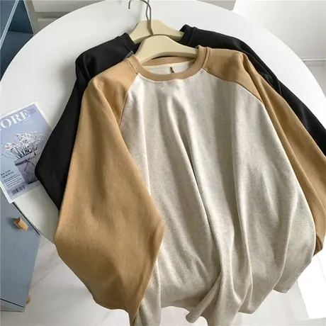 纯棉肌理感插肩袖撞色圆领卫衣女美式拼色加厚宽松休闲上衣外套女商品大图