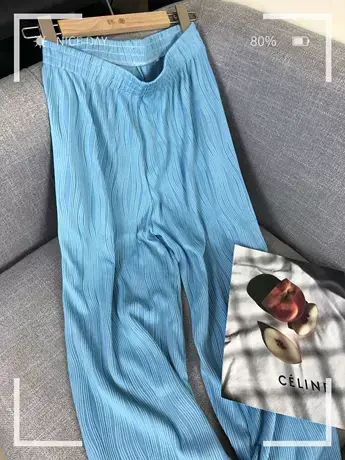 蓝色冰丝阔腿裤女夏季薄款高腰垂感直筒褶皱设计感水波纹凉凉裤子商品大图