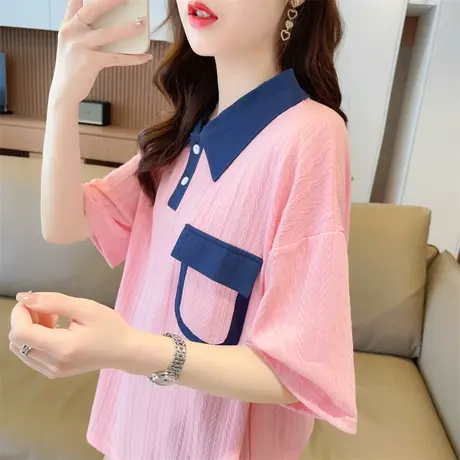 小众设计感短袖t恤女夏季韩版宽松小个子百搭撞色翻领polo衫上衣图片