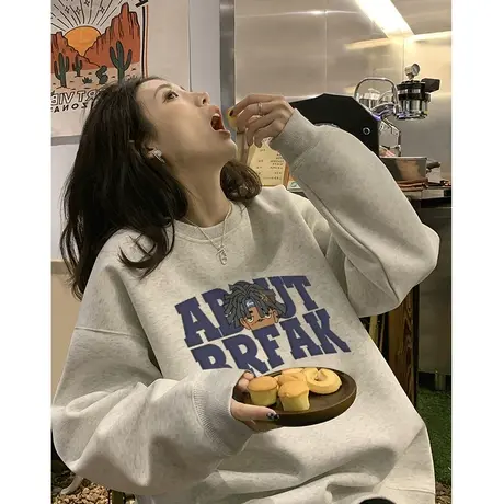 秋冬加绒加厚无帽卫衣女大码美式复古hiphop落肩设计感小众上衣潮商品大图