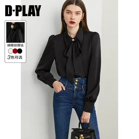DPLAY秋装冬法式复古经典黑蝴蝶结镶钻胸针垂感缎面衬衫商品大图