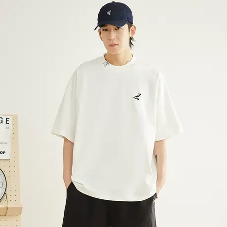 2023新款夏季休闲百搭白色t恤男短袖三角刺绣打底衫潮流大版体恤图片