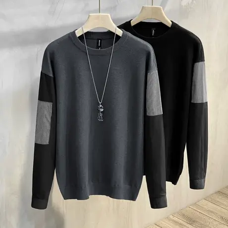 圆领毛衣男春秋外穿撞色拼接潮流毛线衣针织打底衫男秋冬2023新款商品大图