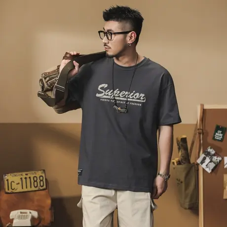 时尚百搭夏季t恤宽松潮流港风印花圆领舒适百搭男士纯棉T恤复古商品大图