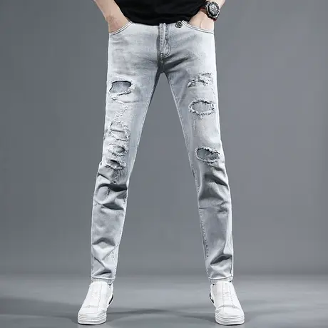 2023夏季破洞补丁牛仔裤男修身小脚薄款潮流潮牌个性烂洞牛仔裤男图片