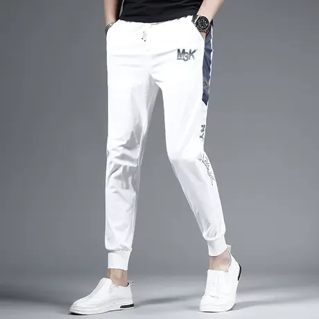 夏季新款冰丝九分休闲裤男白色潮牌烫印修身束脚男士弹力薄款裤子商品大图