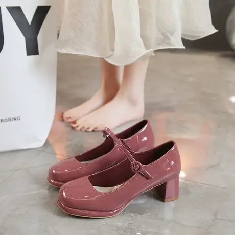 永希玛丽珍鞋女2023年夏季新款粗跟配裙子法式小皮鞋高跟鞋小个子商品大图