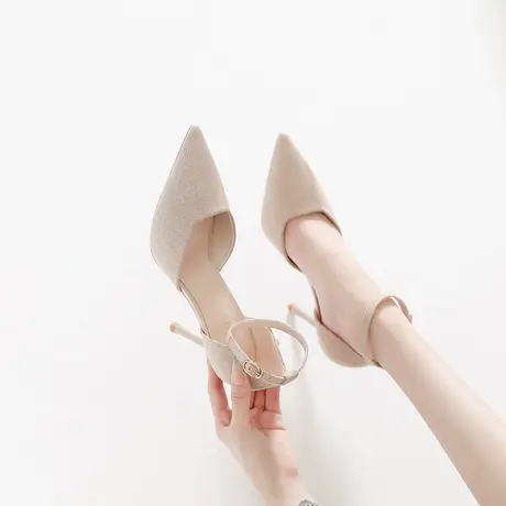 一字带中空尖头气质单鞋2023春季新款性感百搭名媛风高跟鞋女细跟图片