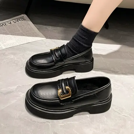 一脚蹬厚底小皮鞋女2023年春秋季新款百搭复古英伦风乐福鞋子黑色商品大图