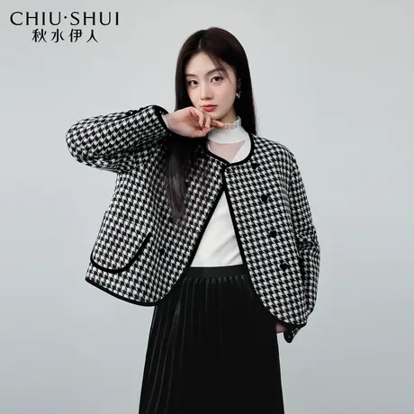 秋水伊人经典宽松箱型圆领千鸟格纹棉服冬季2023新款女赫本风外套图片
