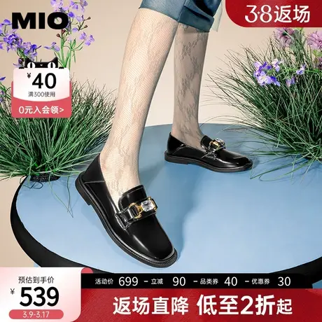 MIO米奥2023年秋冬英伦风圆头粗跟钻饰复古时髦一脚蹬乐福鞋女鞋图片