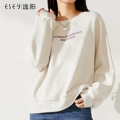 逸阳白色新款圆领卫衣女宽松短款女士上衣秋薄款落肩全棉外套潮商品大图