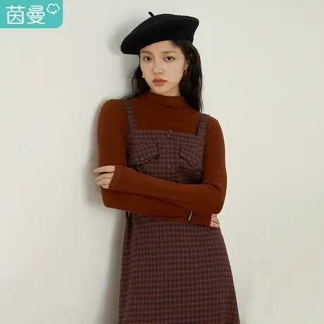茵曼特价清仓2022冬季新款女经典复古格纹中长款小个子显瘦背带裙商品大图